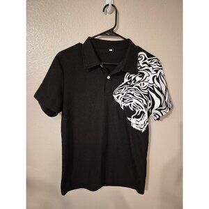Mens Black Polo Shirt With White Tiger Print, Small